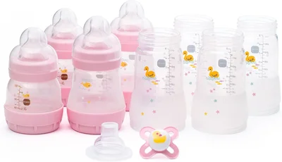 MAM Easy Start Anti-Colic Bottle Starter Set | Includes 4X Feeding Bottles and MAM Original Start 0-2 Month Soother | Self-Sterilising | Baby Gift Set of Newborn Essentials | White (Various Designs)