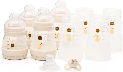 MAM Easy Start Anti-Colic Bottle Starter Set | 17 Pieces | Includes 6X Bottles and MAM Original Start 0-2 Month Soother | Baby Gift Set of Newborn Essentials | Large | Lilac (Various Designs)