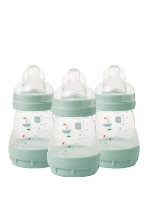 MAM Easy Start Anti-Colic Self Sterilising Baby Bottles, 160ml, Pack of 3, Grey - Blue