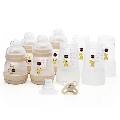 MAM Easy Start Anti-Colic Bottle Starter Set | Includes 4X Feeding Bottles and MAM Original Start 0-2 Month Soother | Self-Sterilising | Baby Gift Set of Newborn Essentials | Lilac (Various Designs)