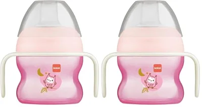 MAM Starter Cup Glow-in-the-Dark Handles | 150ml | Suitable for 4+ Months | Training Sippy Cup to Encourage Independent Drinking | Baby Accessories | Blue (Various Designs)