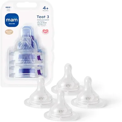 MAM Teats Size 3 | 4 Pack | Fast Flow | Suitable from 4+ Months | Fits All MAM Bottles | Made from SkinSoft Silicone | Baby Accessories - Clear / Size 3