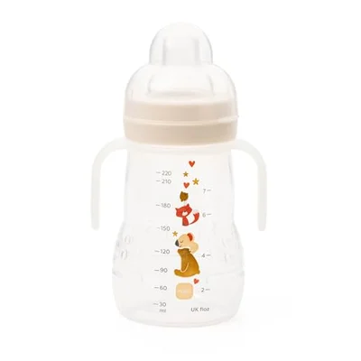 MAM Trainer+ Baby Bottle | 1 Pack (1 x 220ml) | Suitable from 4+ Months for Independent Drinking | Comes with Free Fast Flow MAM Teat Size 3 | Spill-Free | Blue (Various Designs)