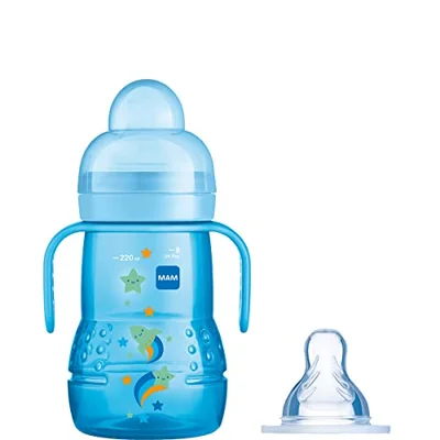 MAM Trainer+ Baby Bottle | 1 Pack (1 x 220ml) | Suitable from 4+ Months for Independent Drinking | Comes with Free Fast Flow MAM Teat Size 3 | Spill-Free | Blue (Various Designs) - Blue / 1 Count (Pack of 1)