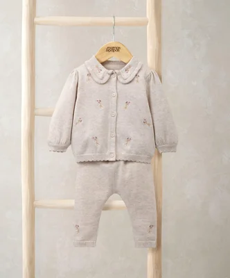 Embroidered Cardigan & Leggings Set with Scallop Detail