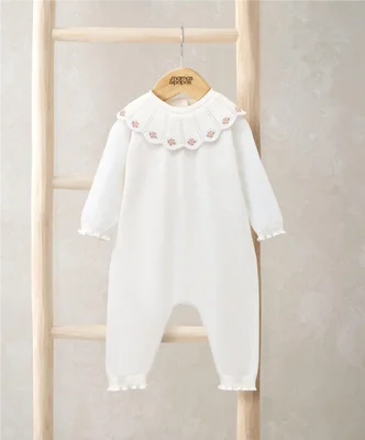 Embroidered Scallop Collar Romper with Frill Trim