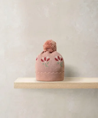 Jacquard Floral Knit Hat & Pom Pom