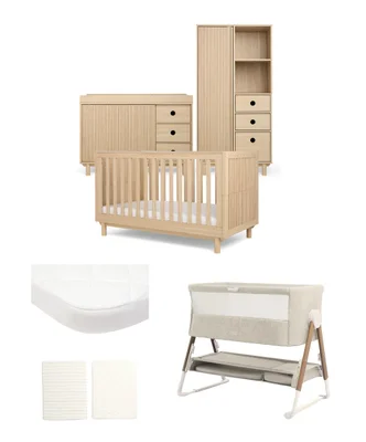 Oska Nursery Bundle With Wide Dresser Changer & Lua Bedside Crib (6 Pieces) - Natural Oak - Natural Oak
