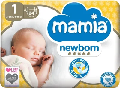 Mamia Newborn Nappies, Size 1, 24 Count, Ultra Dry Air System