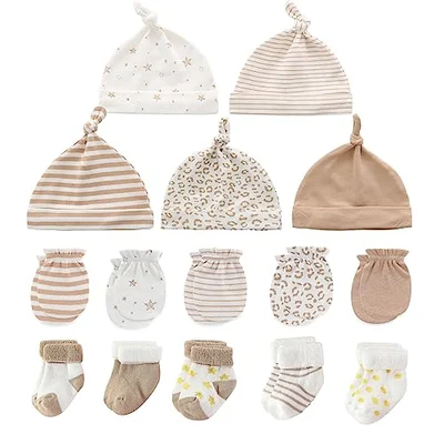 MAMIMAKA Baby Boys Caps Mittens and Thick Warm Socks Cotton Newborn Essentials Accessories (Hats+Gloves+Terry Socks), 0-6 Months - Set-8 Khaki / 0-6 Months