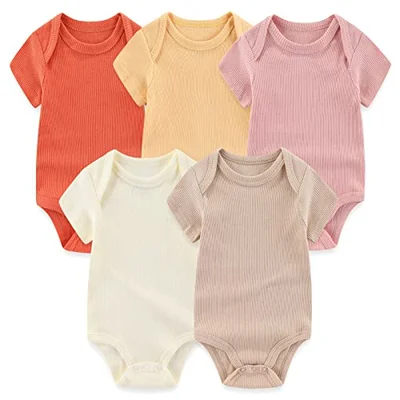 MAMIMAKA Baby Boys Short Sleeve Bodysuit Baby Grow Cotton Vest 5-pack,0-3 Months