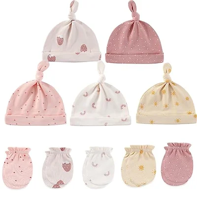 MAMIMAKA Baby Hats Mittens Set Cotton Beanie Caps and No Scratch Mitten Gloves for 0-6 Months