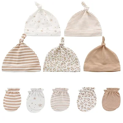 MAMIMAKA Baby Hats Mittens Set Cotton Beanie Caps and No Scratch Mitten Gloves for 0-6 Months - Khaki Hpgm30 / 0-6 Months
