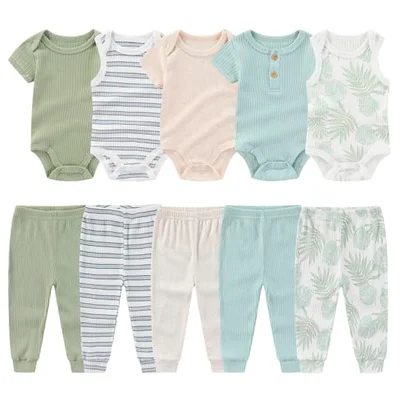 MAMIMAKA Newborn Baby Boy Girl Short Sleeve Bodysuit Cotton 10-Piece Baby Clothes Pant Set, 0-3 Months