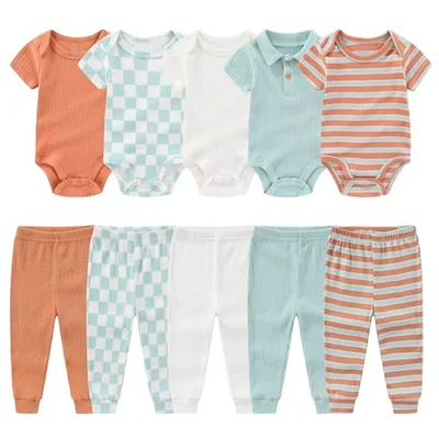 MAMIMAKA Newborn Baby Boy Girl Short Sleeve Bodysuit Cotton 10-Piece Baby Clothes Pant Set, 0-3 Months - Baby Bodysuit Pant Set-9 / 0-3 Months