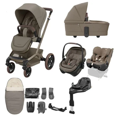 Maxi-Cosi Fame 10 Piece Ultimate Family XL Travel System Bundle with Coral Slide Pro - Oak Truffle