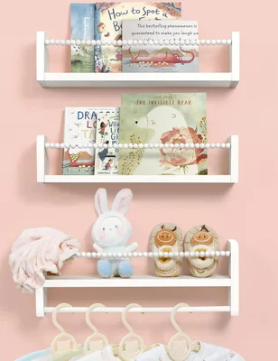 Maxpeuvon Nursery Bookshelf Set, Natural Wood Floating Shelves with Towel Bar Hanging Storage for Kids Room, Bedroom, Living Room Decor, White - White