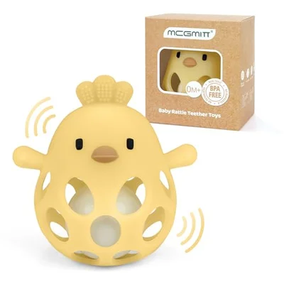 MCGMITT Grasping Ball with Rattle – Baby Teether Silicone BPA-Free Sensory Montessori Toy in Chicken Shape for Teething Relief and Early Development for Babies 0–24 Months – Yellow