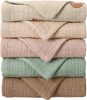 Meng Jiaran 5 Pack Baby Muslin Cloths 100% Cotton Muslin Squares 23x22cm Baby Burp Cloths With Hanging Loop Essentials For Newborn Wiping Feeding - Light Khaki+light Pink+pink+green+brown