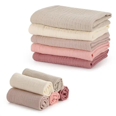 Meng Jiaran 5 Pack Muslin Cloths For Baby 100% Cotton Squares 23x22cm Washcloths Wipes Baby Essentials for Newborn Wiping Feeding - Light Pink+pink+beige+gray+light Gray / one size