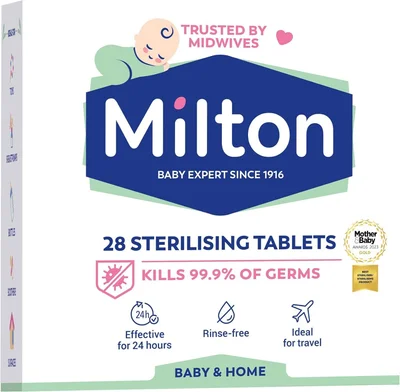 Milton Sterilising Tablets - 28 Tablets for Cleaning Baby Bottles, Breastfeeding Accessories & Equipment - Rinse-Free, Travel-Friendly & Household Hygiene Solution - for Home or On-The-Go Use - Pack Of 2 (56 Tablets)