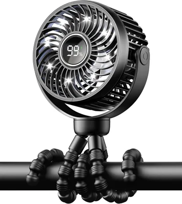 Mini Portable Pram Fan, Rechargeable Clip On Fan for Stroller, Digital Display & Night Light, 4 Speeds, 360° Rotate Flexible Tripod Cooling for Buggy, Pushchair, Car Seat