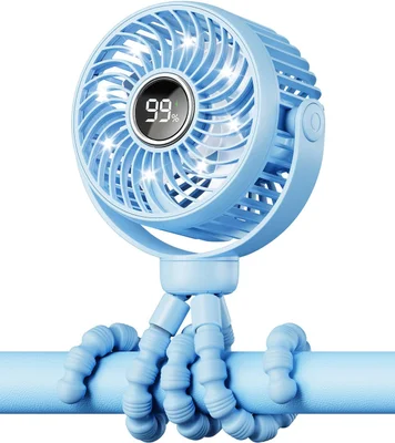 Mini Portable Pram Fan, Rechargeable Clip On Fan for Stroller, Digital Display & Night Light, 4 Speeds, 360° Rotate Flexible Tripod Cooling for Buggy, Pushchair, Car Seat, Travel