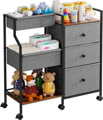 Modanais Baby Diaper Caddy Organizer and Storage - 3 Tier Rolling Cart with Dividers and Drawers, Easy To Assemble, Mobile Utility Cart with Wheels for Nursery, Bedroom - Grey