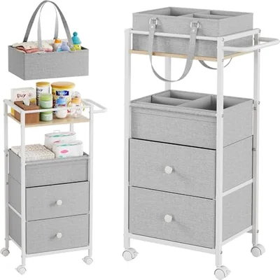 Modanais Baby Diaper Caddy Organizer Cart with Drawers - 3In1 Rolling Storage Cart with Wheels, Removable Diaper Caddy, Detachable Dividers - for Crib, Bedroom, Art & Craft Organizer (Off White)