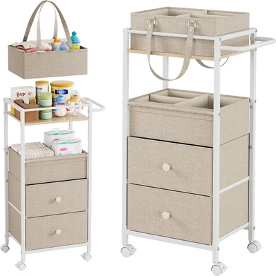 Modanais Baby Diaper Caddy Organizer Cart with Drawers - 3In1 Rolling Storage Cart with Wheels, Removable Diaper Caddy, Detachable Dividers - Off White