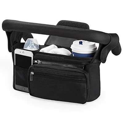 Momcozy Baby Pushchair Organiser, 3 Insulated Cup Holder,Detachable Zippered Pocket, Adjustable Shoulder Strap, Large Capacity for Baby Essentials, Compact Design Fits Any Pram Handlebar - Black / 1 Count (Pack of 1)