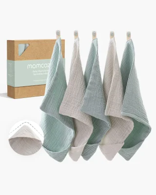 Momcozy Baby Washcloths – Soft 4-Layer Cotton, Gentle for Newborns | Pattern: Green & gray