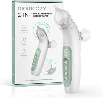 Momcozy BreezyClear™ 2-in-1 Electric Nasal Aspirator for Baby with Spray, 65kPa Hospital-Grade Suction, 4 Adjustable Levels, Quiet & Portable Nose Cleaner with Soothing Light & Music - BN06