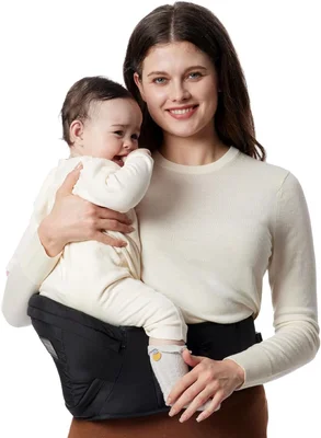 Momcozy CPC-Certified Baby Hip Carrier - Adjustable Waistband with Original 3D Belly Protector, Ergonomic Carrier with Various Pockets for Newborns & Toddlers up to 45lbs (Black, Medium)
