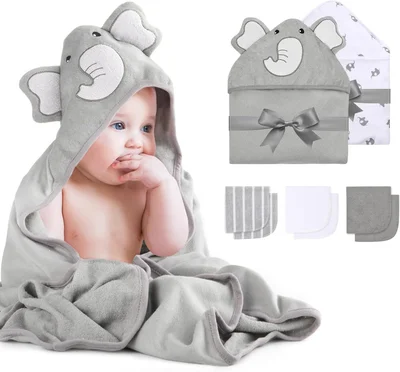 momcozy Hooded Baby Towel Set, 8-Piece Baby Bath Towel Set, 2Pcs Baby Towel and 6Pcs Baby Wash Cloth, Soft and Super Absorbent Baby Washcloths for Toddlers, Baby Shower Set Cute Elephant - Grey