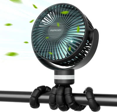 momcozy Portable Pram Fan, 8000mAh, 27H Ultra-long Battery Life, Stroller Fan Detachable 4 Speed 360° Rotate, LED Night Light, USB Rechargeable Handheld Cooling Fan,Travel,Crib,Car Seat (Black) - Black