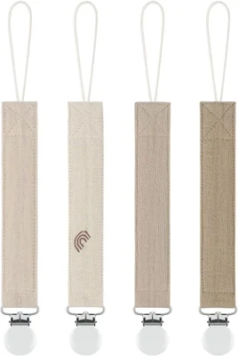 MoodyBaby® Soft Organic Muslin Cotton Fabric Dummy Clips - Handmade Pacifier Clip Chain for Babies Newborns Girls Boys - Mam Soother Chain Neutral Unisex Boho Shower Gift - Neutral Tan Beige