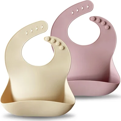 Moonkie Baby Bibs, 2Pcs Silicone Feeding Bibs for Babies and Toddlers, Waterproof weaning bib, BPA Free Soft Adjustable Wide Food Crumb Catcher Pocket(Pale Mauve/Shifting Sand)…