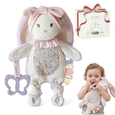 Moonkie Baby Comforter, Bunny Security Blanket with Silicone Teether, Newborn Girl Gifts for Baby Shower & Birthday, Cuddly Toy with Textured Ribbons, Crinkle Ears, Soft Minky Velour & Natural Cotton