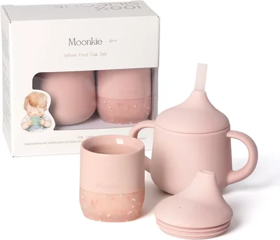 Moonkie Baby Sippy Cup Set, Silicone Baby Cups 2oz & 3 Stages Toddler Training Bottle 4oz, Weaning Essential for 4M+, BPA Free, with Capacity Markings, for Toddler 6-12 Months(Blush Set) - Blush / Cup Set