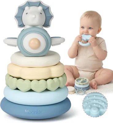 Moonkie Baby Teethers & Dino Stacking Toys, 7 Piece Set, Silicone Soft Stack Rings, for Teething & Educational Learning, Montessori Sensory Toys for Babies, Toddlers & Infant, Gifts for Boys