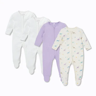 MORI Dino & Ribbed Clever Zip Sleepsuit 4 Pack - Purple Dino / 3 - 6 M