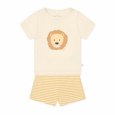 MORI Lion T-Shirt & Stripe Ribbed Shorts - Panda Cream