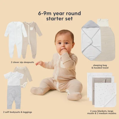 MORI MORI Newborn Baby Starter 12-Piece Essentials Set - Oatmeal Stripe / 6 - 9 M / Year Around TOG