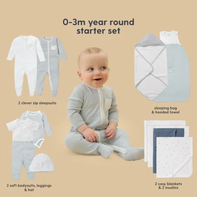 MORI MORI Newborn Baby Starter 12-Piece Essentials Set - Blue Stripe / 0 - 3 M / Year Around TOG