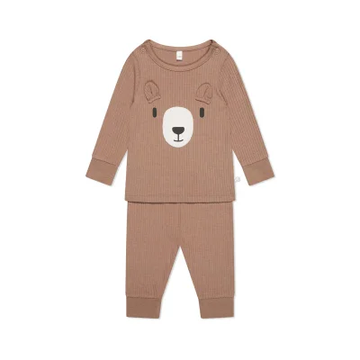 MORI Ribbed Bear Face Pyjamas - Bear + Brown