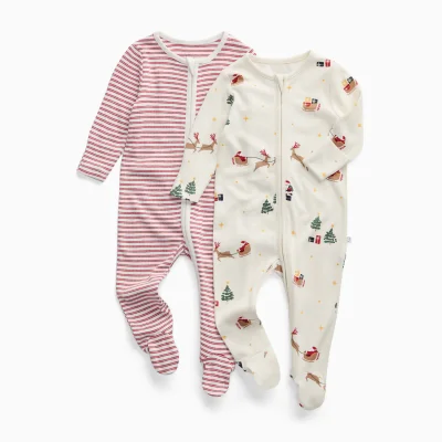 MORI Santa's Sleigh & Red Stripe Clever Zip Sleepsuit 2 Pack