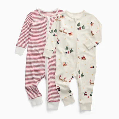 MORI Santa's Sleigh & Red Stripe Clever Zip Sleepsuit 2 Pack