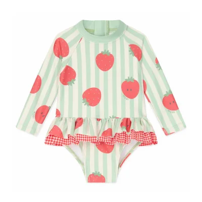 MORI Stripe Frill Long Sleeve Swimsuit - Strawberry & Green Stripe - Blue,Green,Red