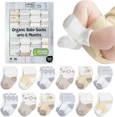 Mother's Choice Organic Cotton Baby Socks, 12 Pairs, Unisex 0-6 Months - Soft, Hypoallergenic Newborn & Infant Socks - Baby Girl & Boy Gifts, (12Pcs)